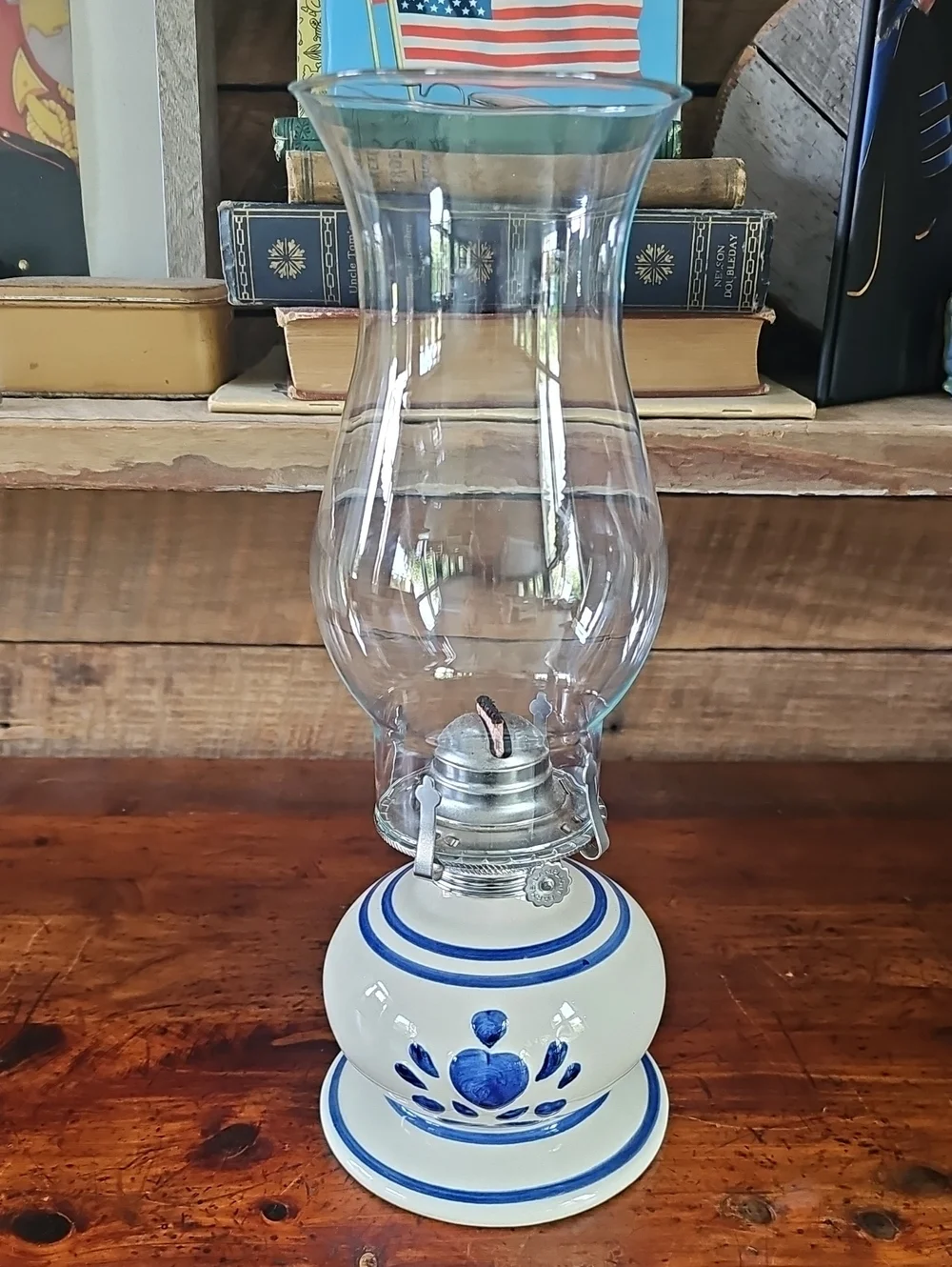 VNTG Farmhouse Blue White Ceramic Hurricane Oil Lamp Glass Chimney Cottage Decor